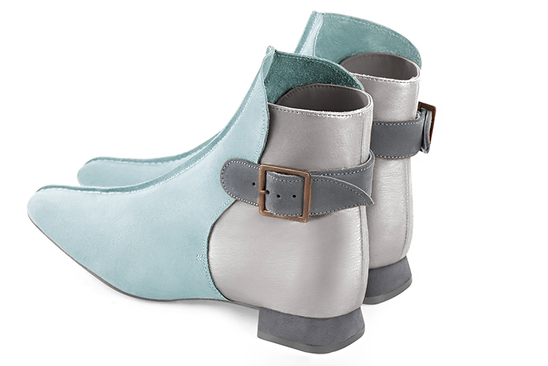 Women's aquamarine blue, silver and dove grey elegant ankle boots, with buckles at the back. Square toe. Flat flare heels - Rear view